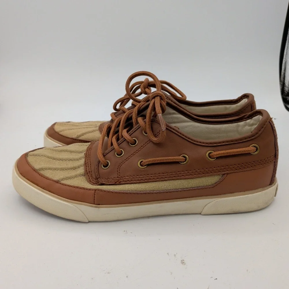 Polo Ralph Lauren Parkstone Mens 9.5 D‎ Brown Leather Canvas Boat Shoes Sneaker